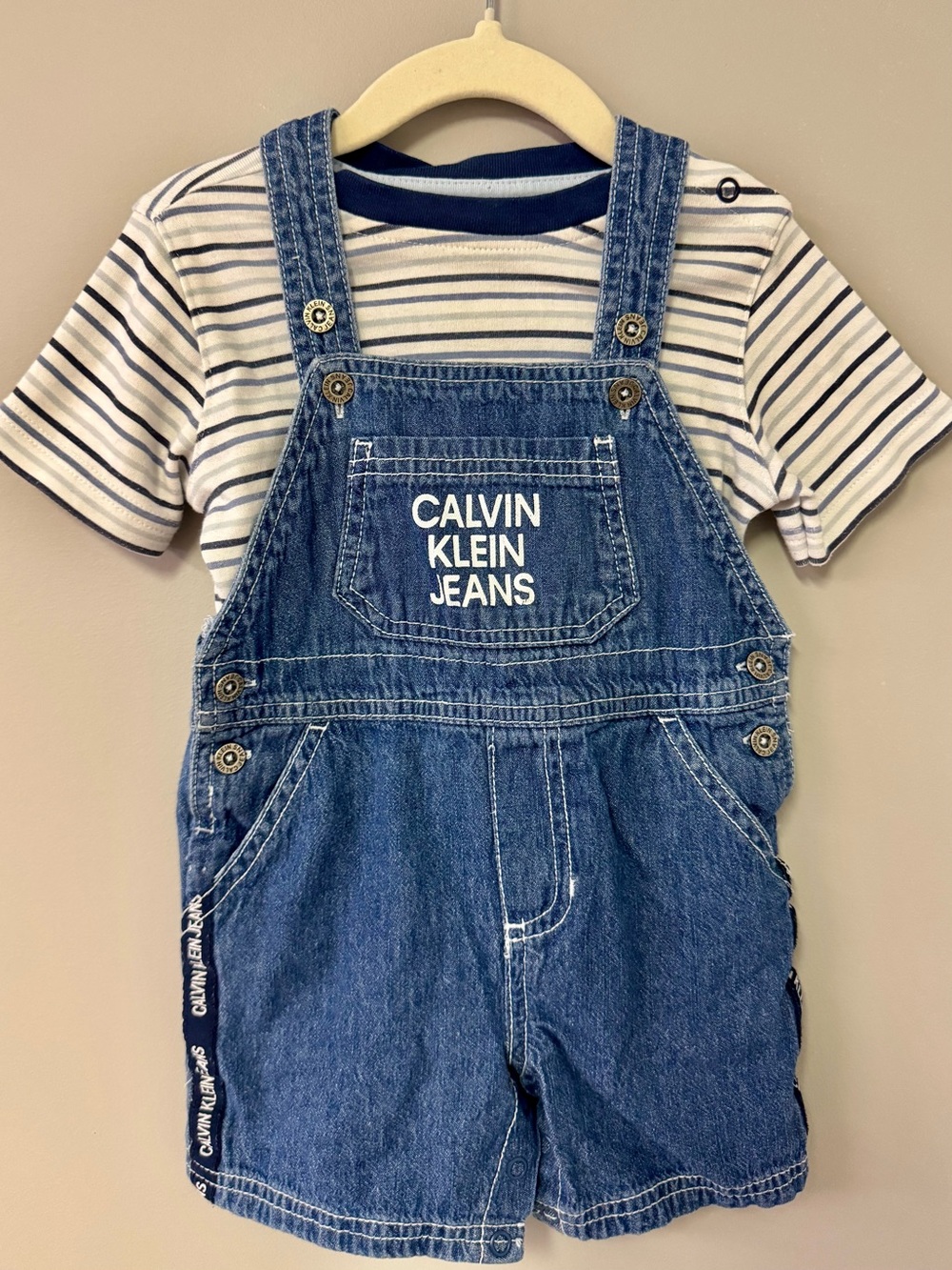 Calvin Klein Jeans Blue Denim Short Overalls with Navy & Cream Striped Tee